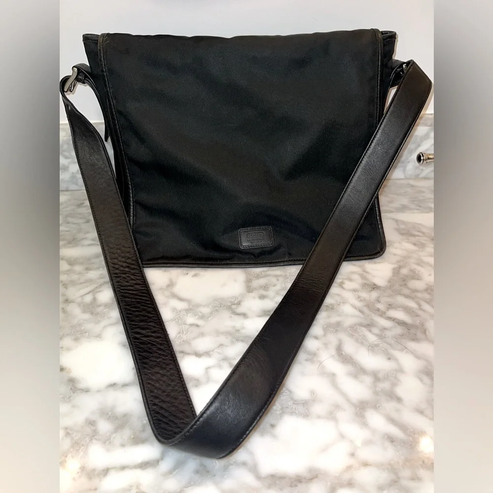 Vintage Coach Black Nylon & Leather Trim Messenger Bag